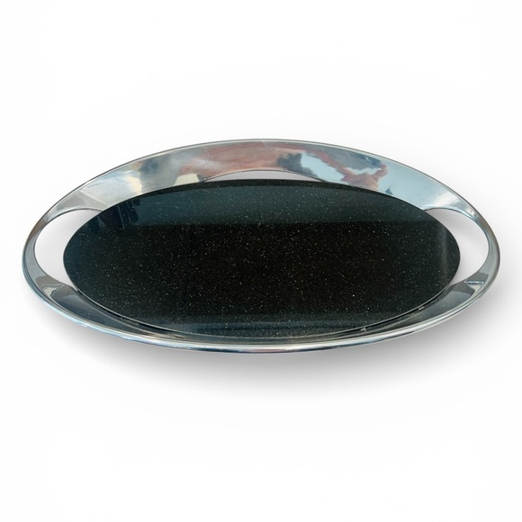 Nambe Modern Oval Serving Tray 18.5” x 11” Black Granite Inlay Chrome Handles